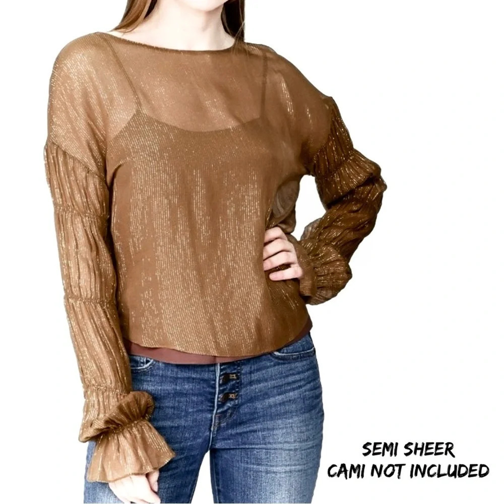 Amanda Uprichard Silk Blouse. Harvest Brown Metallic Gold. Semi Sheer.